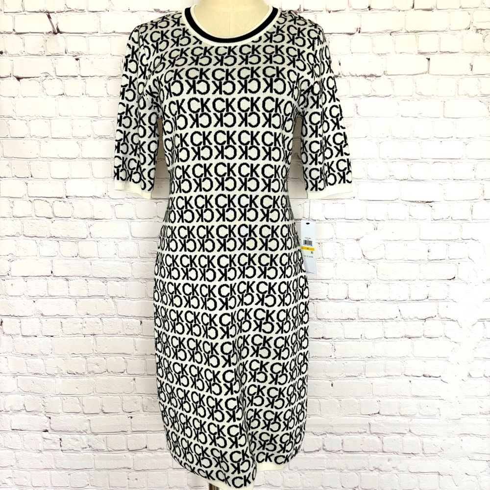 CALVIN KLEIN Short Sleeve CK-Patterned Knit Sweater Dress--M